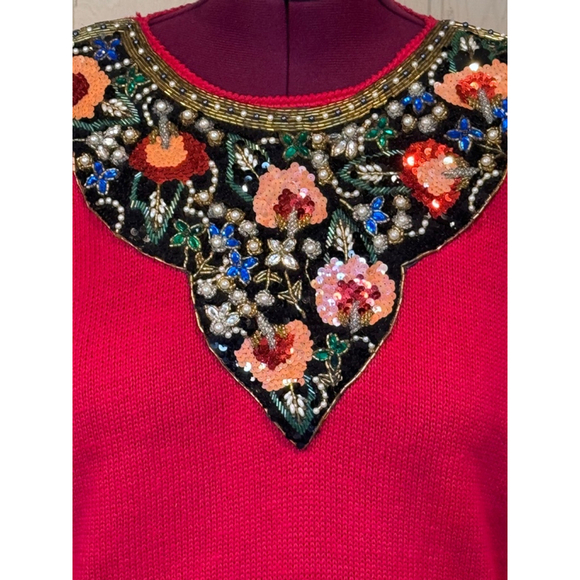 Victoria Harbour Red Beaded Sequin Sweater Large - Picture 2 of 16
